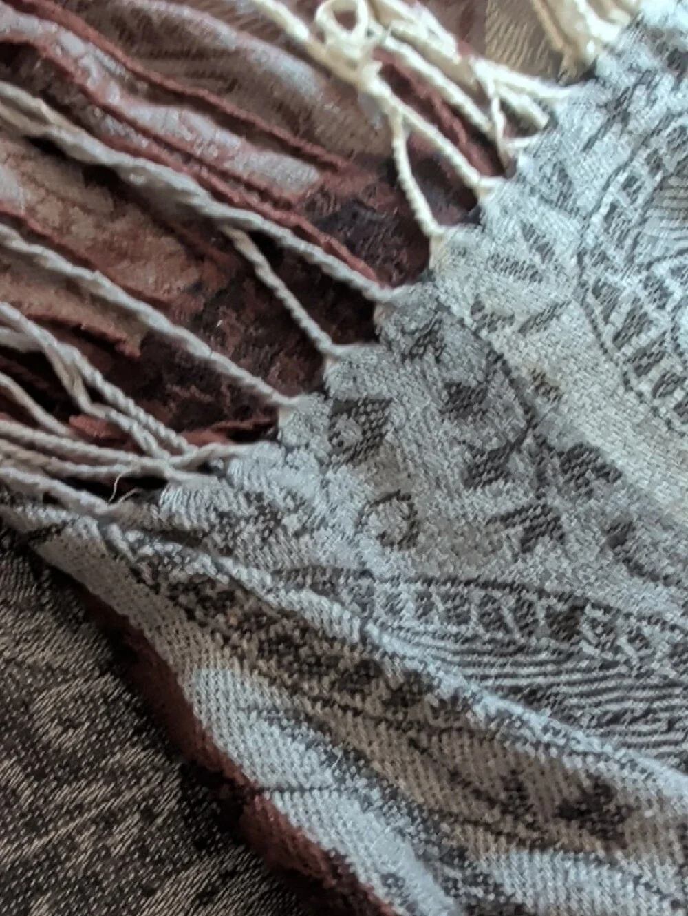 Paisley Fringe Scarf in Brown, Gray and Cream